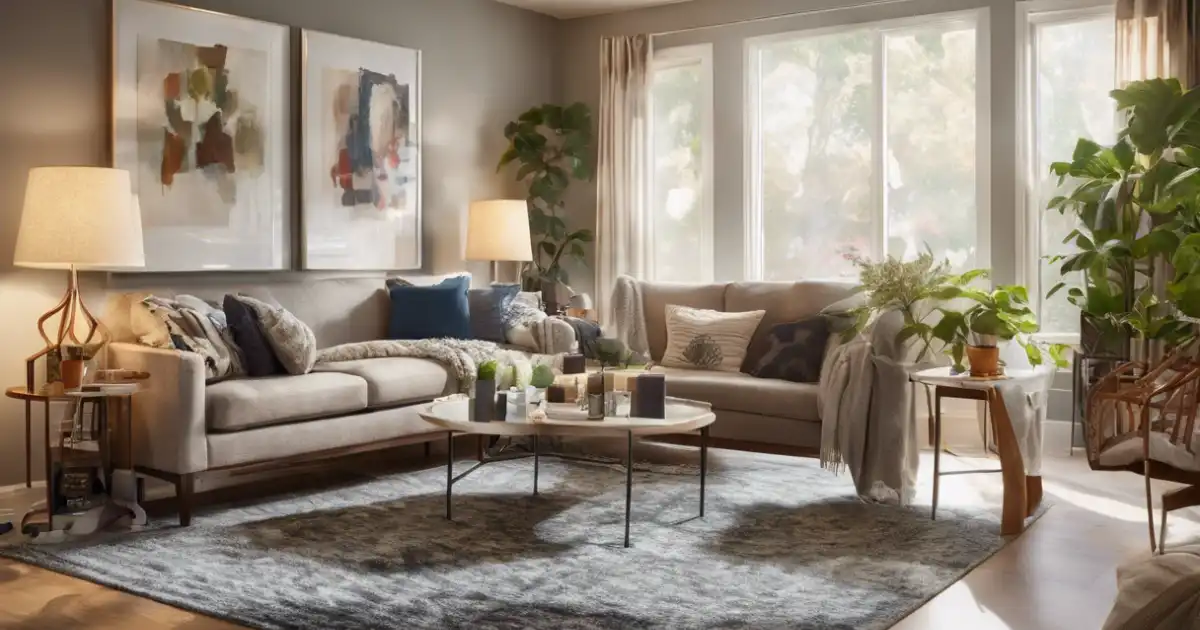 Cozy living room with soft lighting, comfy furniture, and inviting decor.